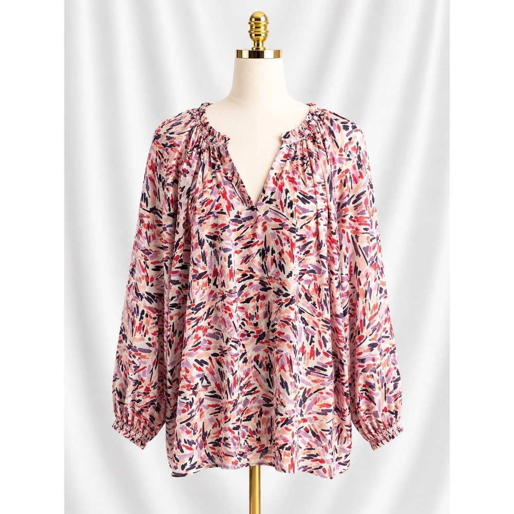 beachlunchlounge Popover Peasant Blouse Size M Pink Abstract Long Sleeve‎ Flowy